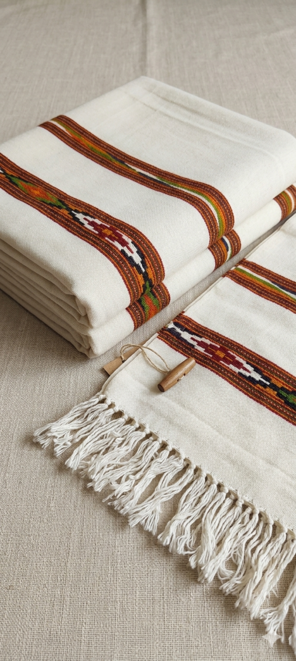 Handwoven white cotton scarf with tribal woven border and tassels