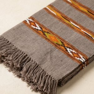 Grey handwoven cotton scarf with tribal woven stripes and tassels