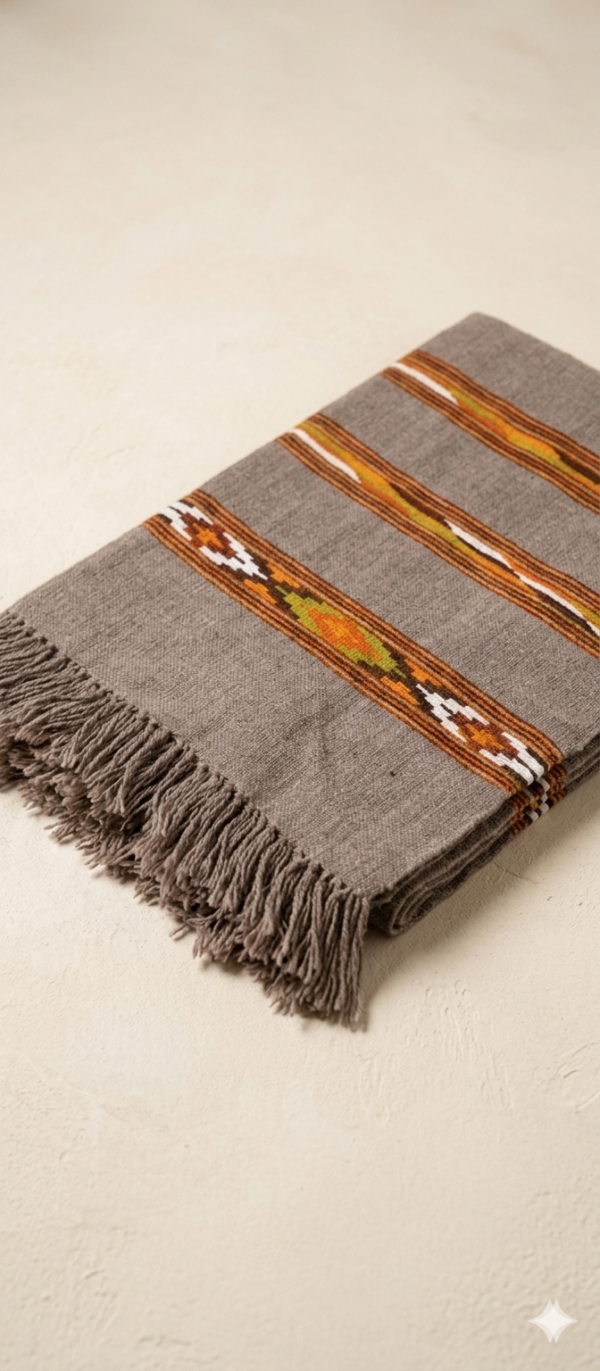 Grey handwoven cotton scarf with tribal woven stripes and tassels