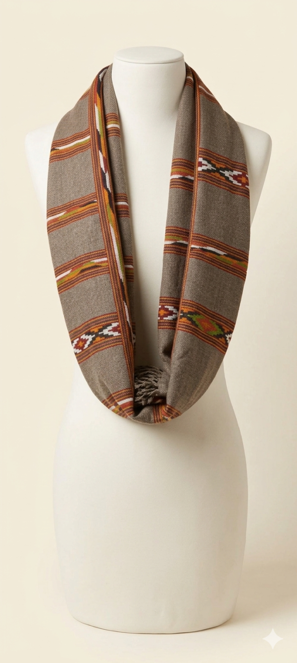 Handwoven Grey Tribal Pattern Cotton Scarf with Tassels