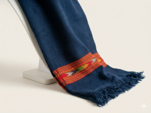 Midnight blue handwoven cotton scarf with traditional tribal woven border