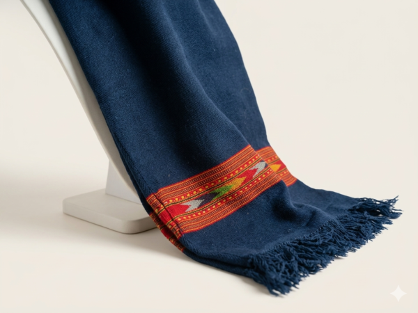 Handwoven Midnight Blue Ethnic Cotton Scarf Midnight blue handwoven cotton scarf with traditional tribal woven border