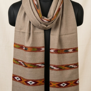 Elegant beige handwoven cotton scarf with tribal woven border and tassels