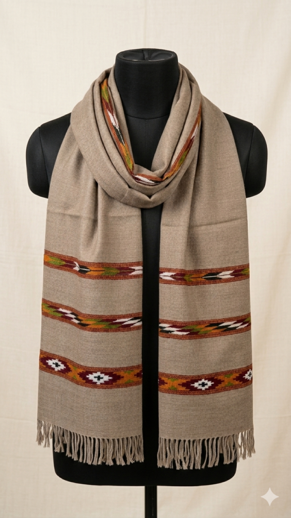 Beige Handwoven Ethnic Cotton Scarf Elegant beige handwoven cotton scarf with tribal woven border and tassels