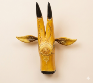 Rustic Tribal Handcrafted Wooden Bull Mask Decor Handcrafted rustic wooden bull mask wall decor with tribal floral artwork and elongated horns