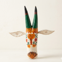 Ivory Floral Handcrafted Wooden Bull Mask Decor Handcrafted ivory wooden bull mask wall decor with floral artwork and green horns