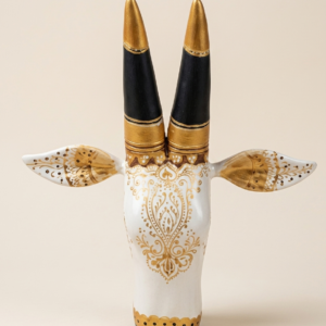 Handcrafted ivory wooden bull wall decor with black horns and golden floral artwork