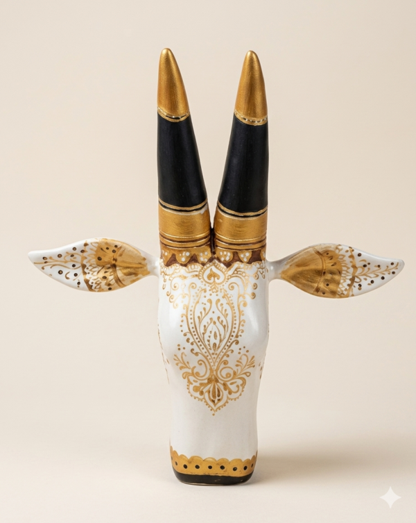 Royal Ivory Handcrafted Wooden Bull Wall Decor Handcrafted ivory wooden bull wall decor with black horns and golden floral artwork