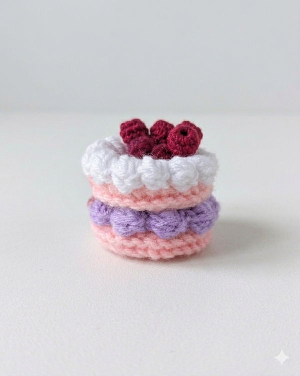 Berry Bliss Handmade Crochet Cake Charm Handmade crochet mini cake charm with lavender frosting and berry toppings