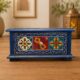 Handcrafted royal blue wooden storage box with colorful traditional floral artwork