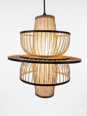 Handcrafted Orbit Harmony cane pendant lamp with layered circular design and natural woven cane structure
