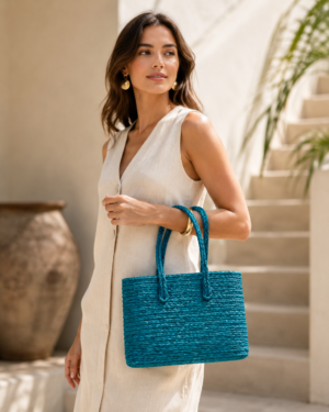 01OD043_5 Turquoise Sabai Grass Tote Bag