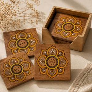 Floral Wooden Tea Coaster Set with Box