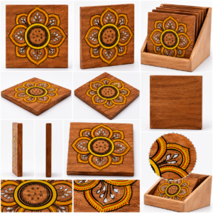Floral Wooden Tea Coaster Set with Box