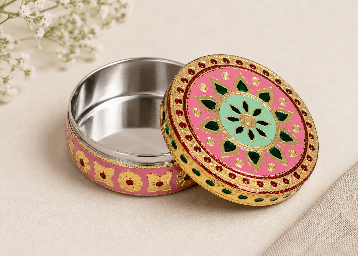 Pink Floral Meenakari Storage Box - Image 4