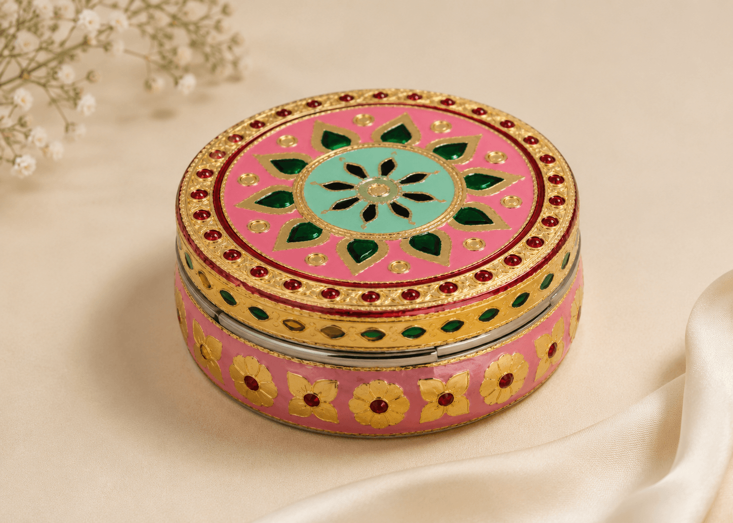 Pink Floral Meenakari Storage Box - Image 3