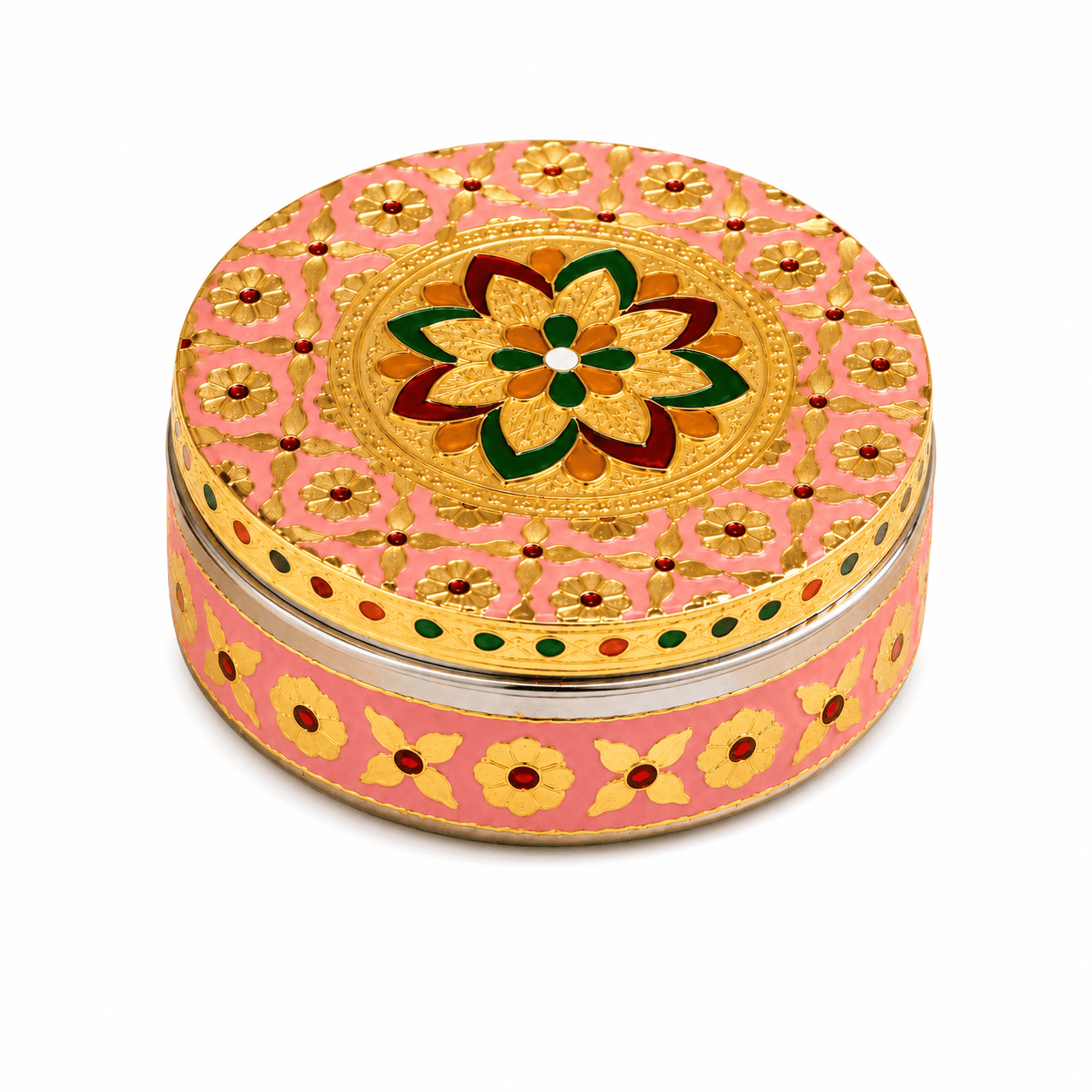 Pink Floral Meenakari Storage Box - Image 1