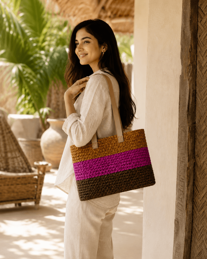 Pink Stripe Sabai Grass Tote Bag