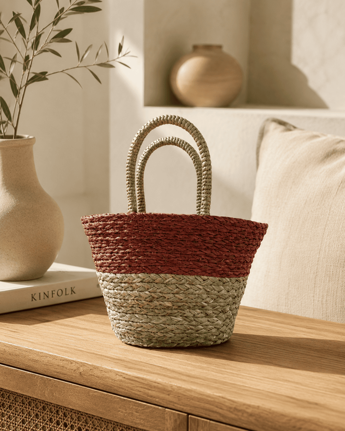 Sabai Grass Basket with Maroon Trim - Image 3