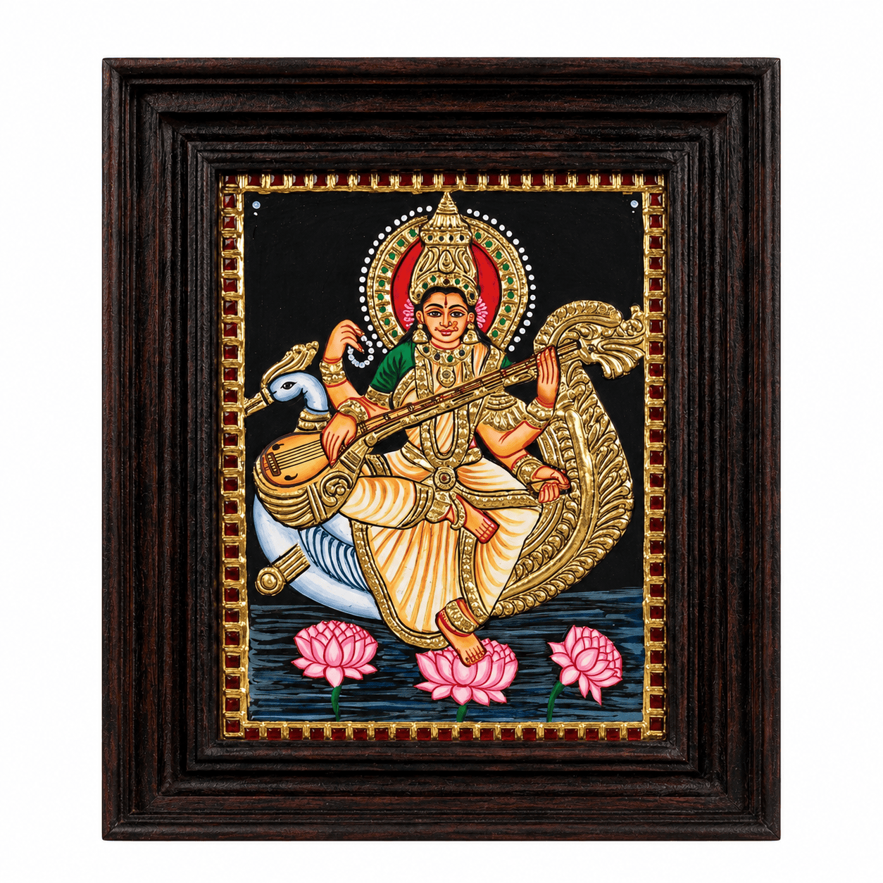 22K Gold Foil Saraswati Tanjore Painting - Image 1