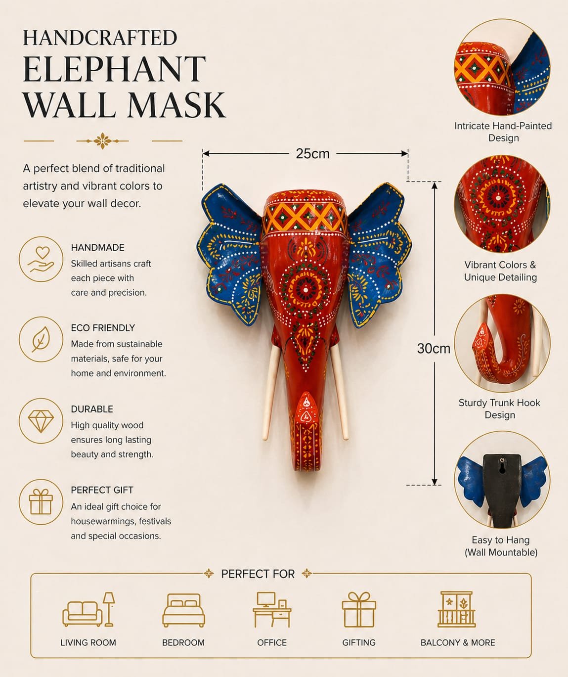 Royal Ember Wooden Elephant Wall Decor - Image 3