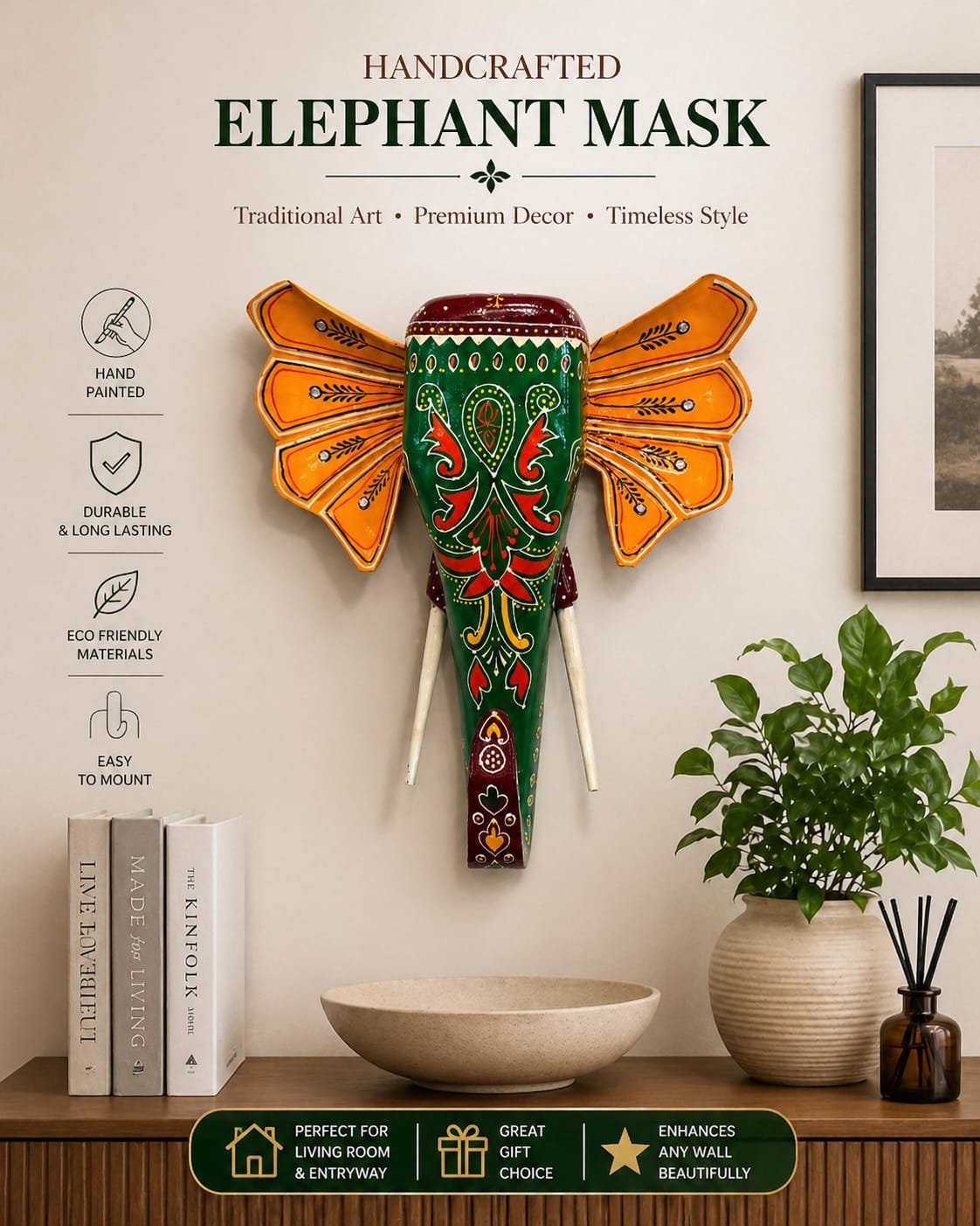 Emerald Wooden Elephant Wall Decor - Image 5