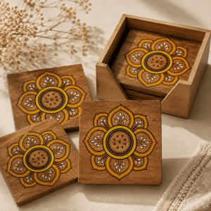 Floral Wooden Tea Coaster Set with Box - Image 4