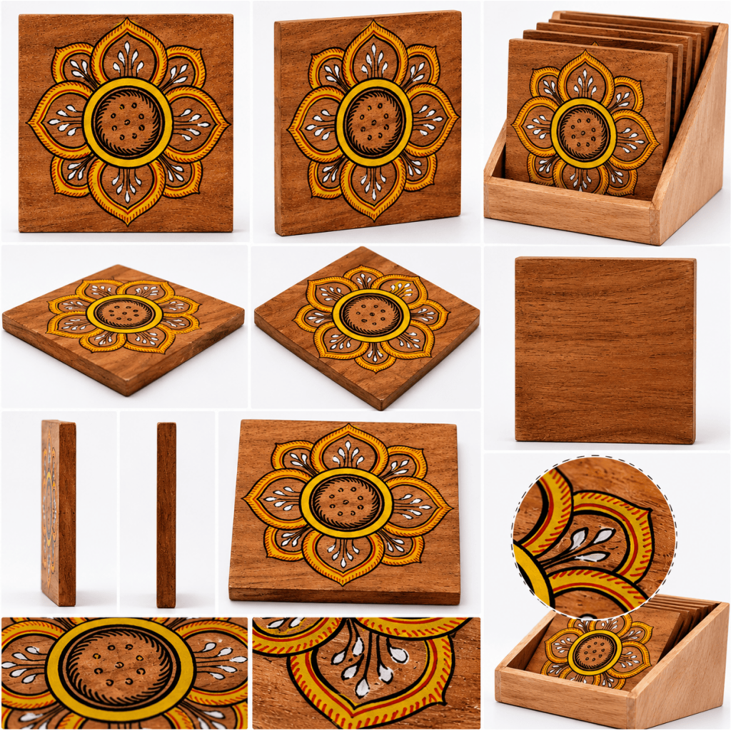 Floral Wooden Tea Coaster Set with Box