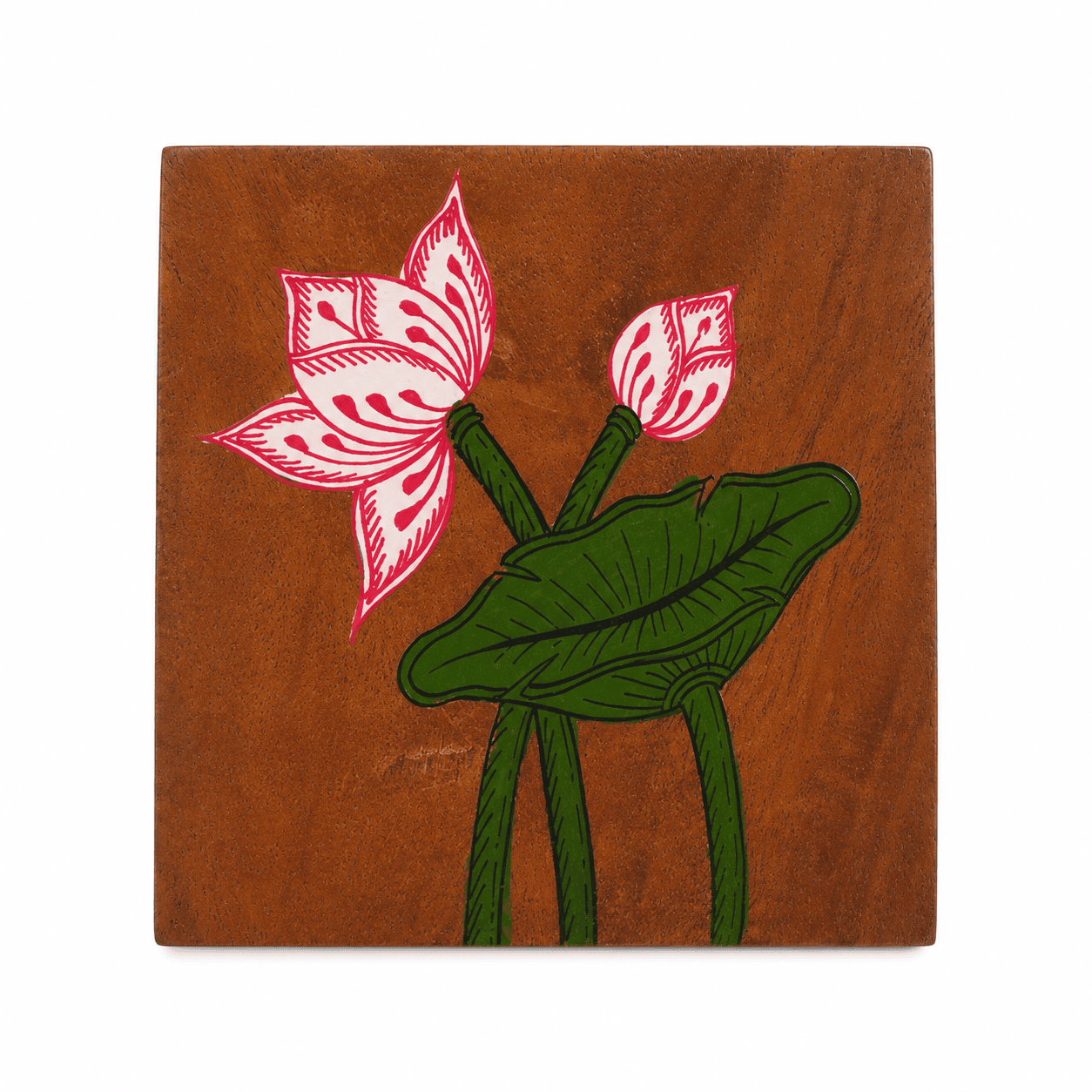 Lotus Hand-Painted Wooden Coaster Set - Image 1