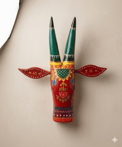 Emerald Tribal Handcrafted Wooden Bull Mask Decor - Image 2
