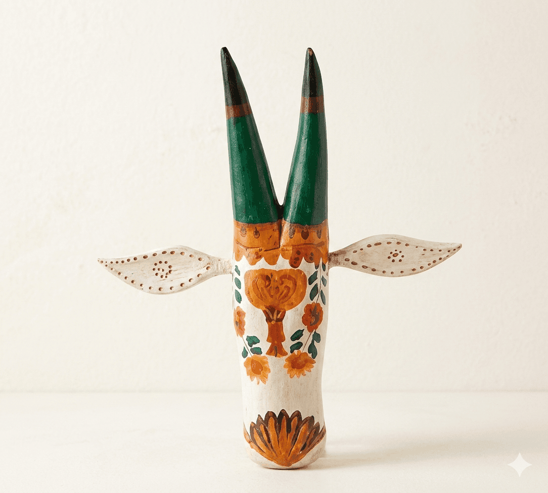 Ivory Floral Handcrafted Wooden Bull Mask Decor - Image 1