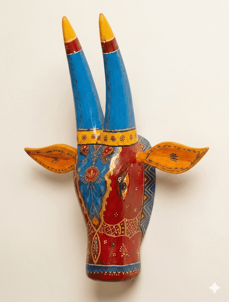 Azure Tribal Handcrafted Wooden Bull Mask Decor - Image 2