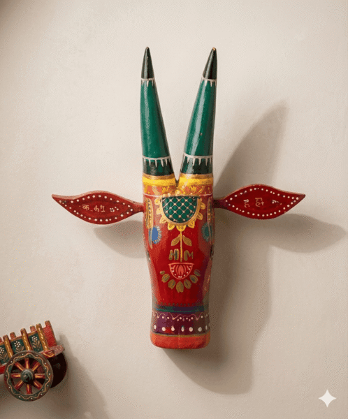 Emerald Tribal Handcrafted Wooden Bull Mask Decor - Image 1